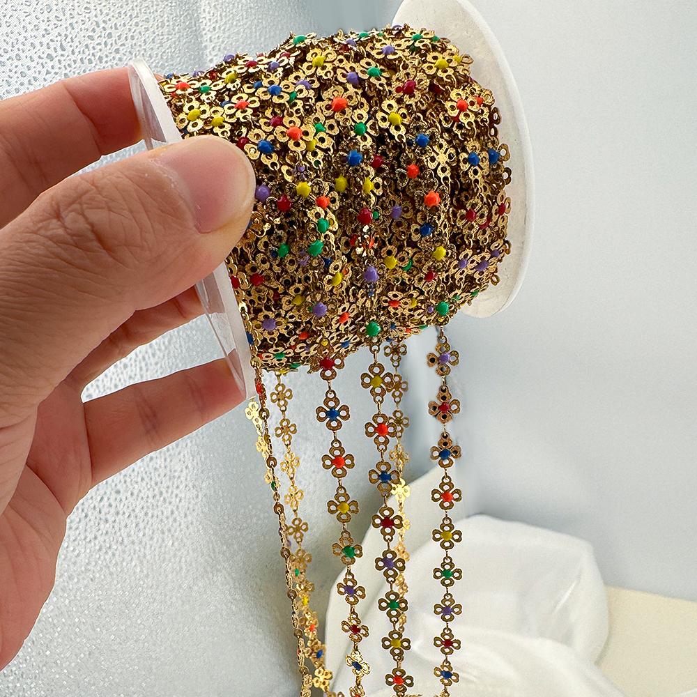 1Meter Stainless Steel Chain Colorful Enamel Daisy Flower Beaded Charm Paper Clip Chain for DIY Jewelry Making Necklace Bracelet