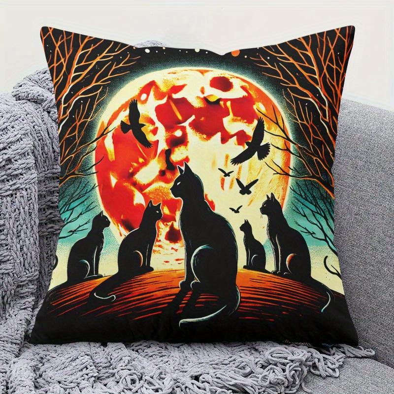 Pillowcase pc Cat Group Gazing at Moon Printed Holiday Theme Cushion Cover with Hidden Zipper Suitable for Sofa Living Room