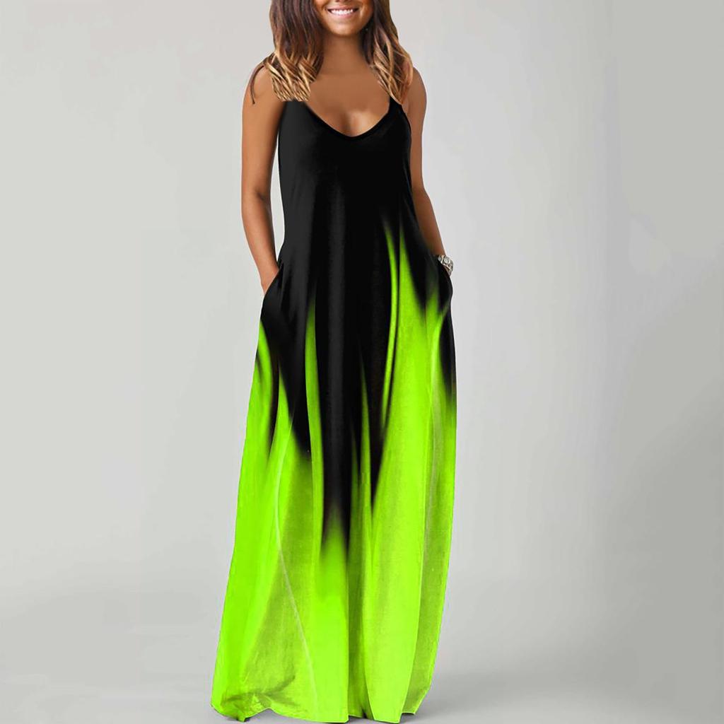 Women Pocket Print Dress Beach Parties Vest Party Sleeveless Super Long Dress