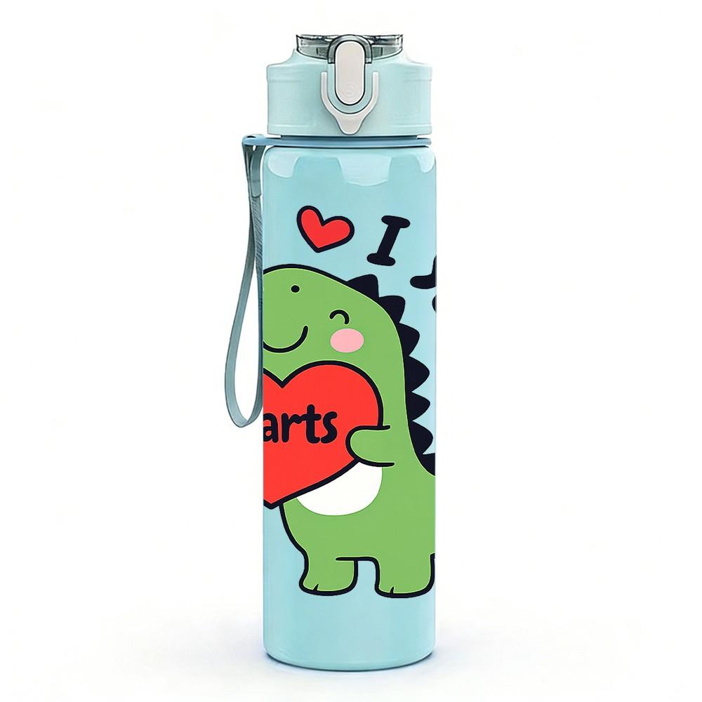 1PC Dino I Love Heart Text 750ml Color Plastic Sports Water Bottle Leakproof Flip Straw Lid Suitable for Sports Office Home Use