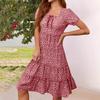 Womens Square Neck Tiered Summer Dresses Casual Floral Short Sleeved A-line Swing Flowy Dress Beach Boho Sundress