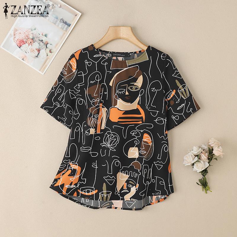ZANZEA Women Casual Round Neck Half Sleeve Print Summer Blouse