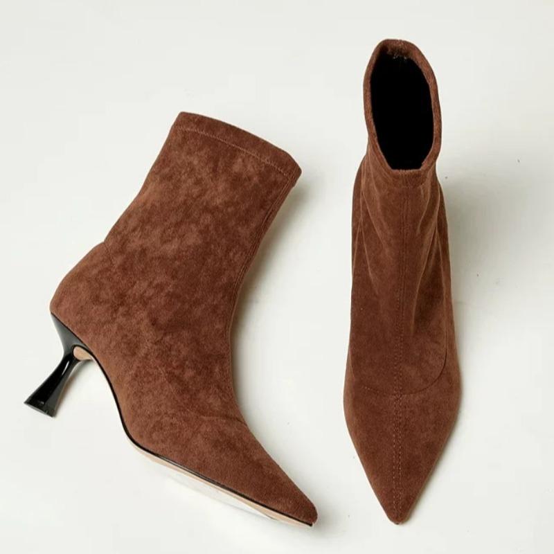 Fashion Winter New Fine Heel Cotton Boots Women's Pointed Suede Sleeve Anti-slip Wear-resistant Short Tube Slim Boots