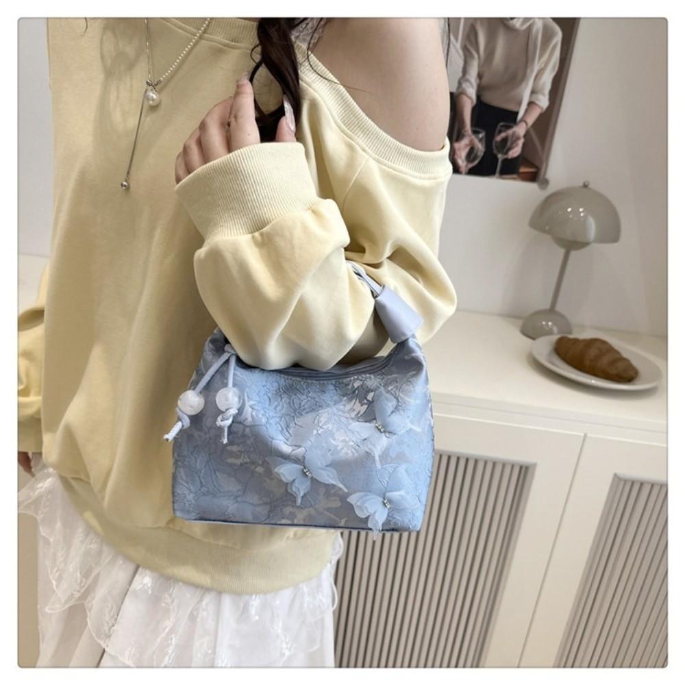 Chinese Style Butterfly Embroidery Shoulder Bag Zipper Closure Canvas Hanfu Embroidery Handbag Bead Cheongsam Bag Women