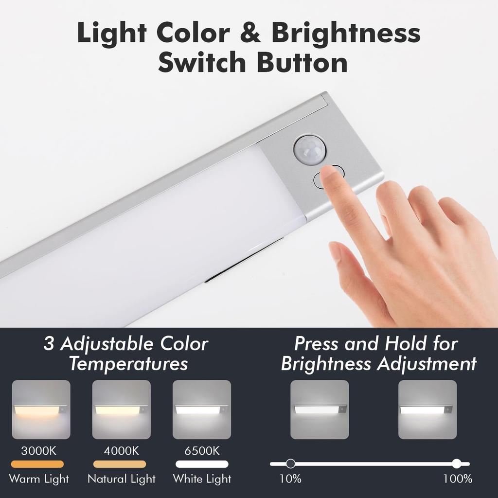 2 Pack Under Cabinet Lighting, 3 Colors & Dimmable Motion Sensor Light Indoor, 900mAh Rechargeable Under Cabinet Lighting Magnetic for Kitchen,