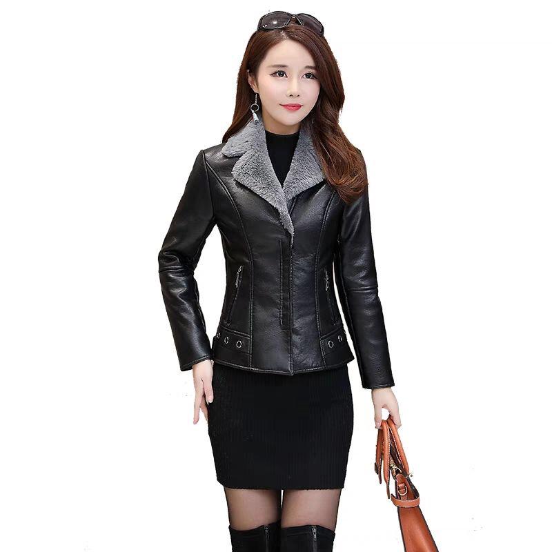 Leather Coat Thick Winter Warm Jacket Fleece Liner Women PU Leather Coat OvercoatL