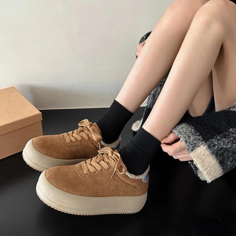 Модные зимние новые хлопковые туфли на толстой подошве, женская мода, замшевые, на шнуровке, противоскользящие, износостойкие, низкие