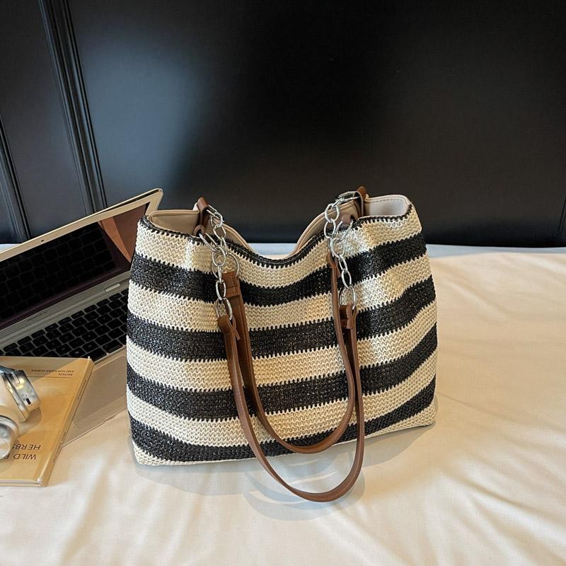 Женская сумка через плечо, полосатая сумка-тоут контрастного цвета, плетеная сумка-тоут, большая вместимость, плетеная сумка из соломы