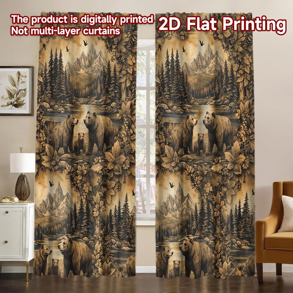 2D FLAT PRINTING 2pcs Curtains (Without Rod) Bears in Forest Landscape Modern Curtains Digital Printed Polyester Curtains Gift