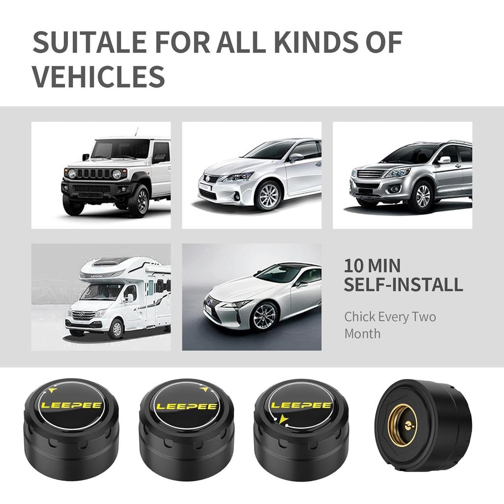 Система контроля давления в шинах LEEPEE, 5 режимов сигнализации, с 4 внешними датчиками TPMS, поддержка iOS и Android, отображает давление в реальном времени и