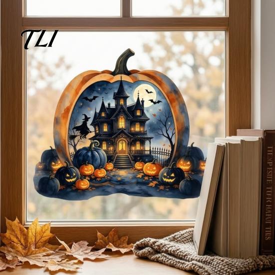 Outdoor Balcony Window Stickers Halloween Pumpkin Haunted House Static Stickers, Waterproof PVC Castle Clings Decals, Removable for Home Glass