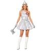 Women Tin Costume One Shoulder Sleeveless Ruched Tulle Lining Metallic Belted Dress with Hat Axe Gloves Heart Clock Brooch for Halloween Cosplay