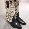 Fashion Embroidery Women Western Cowboy Boots Fashion Slip On Thick Heel Knight Long Booties Retro Style Autumn Winter Female Shoes