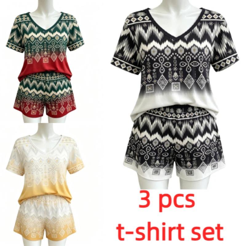 Summer Bohemian Elements Patterns Printed V Neck Short Sleeved T-Shirt And Shorts Set Women's and Men's T-shirt Shorts Set