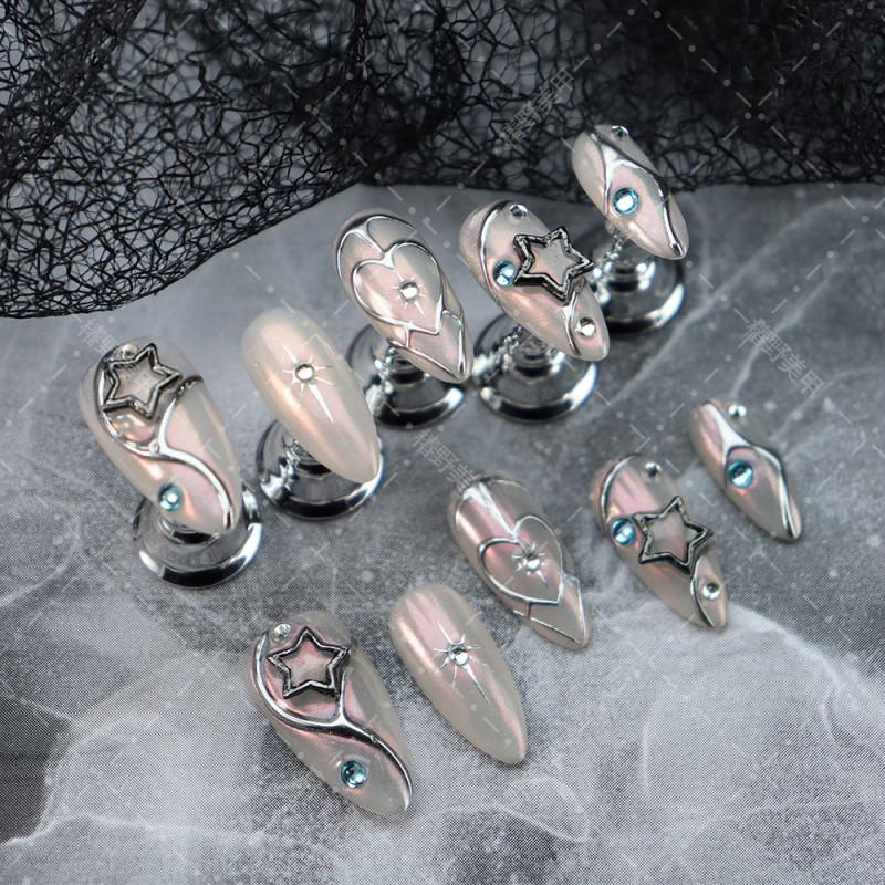 Y2K Holographic Press-On Nails Women Star Heart Design Almond Shape Thin Invisible Edge Sweet Punk Chic Style