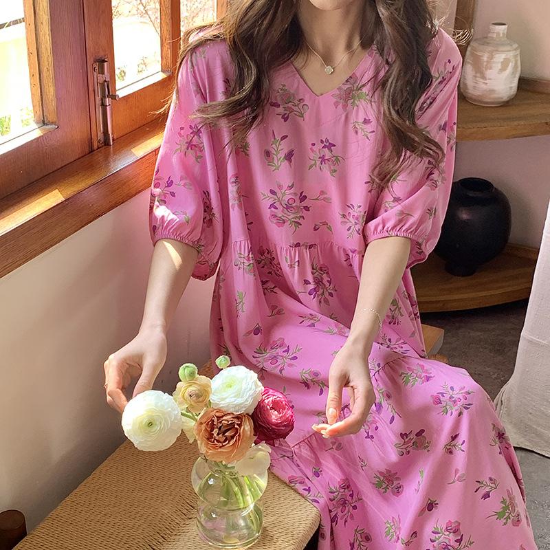 1011 New women's cotton and silk dress French spring, summer and autumn can be worn outside loose cake dress long dress large size nightdress