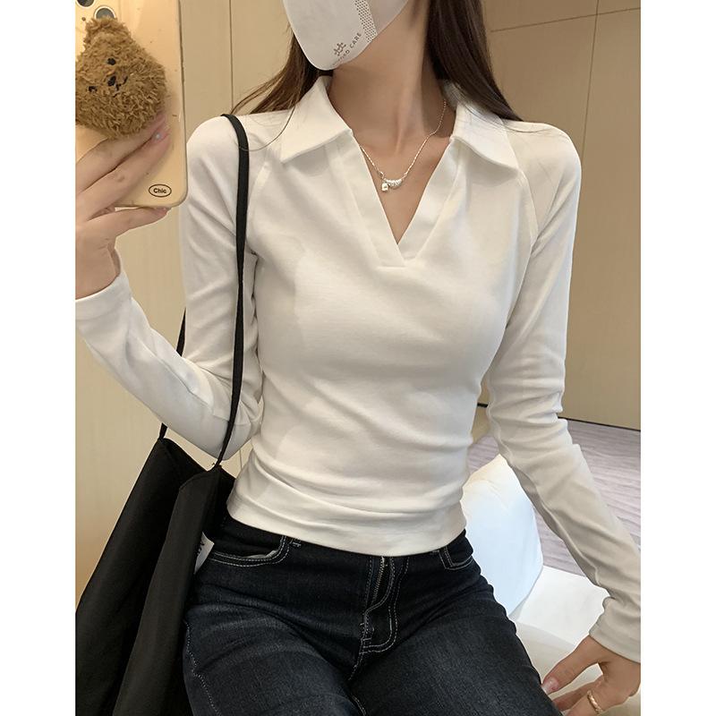 Чистое желание белая рубашка поло с длинными рукавами и лацканами для женщин на осень и зиму, горячая девушка, правое плечо, обтягивающий маленький мужчина, внутренний короткий топ