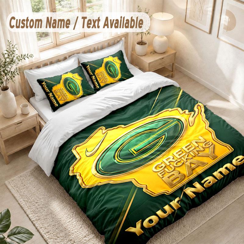 Custom Name Bedding Set 3 PiecesGreen Bay Packers Print Duvet Cover + 2 Pillowcases Soft Bed Decor