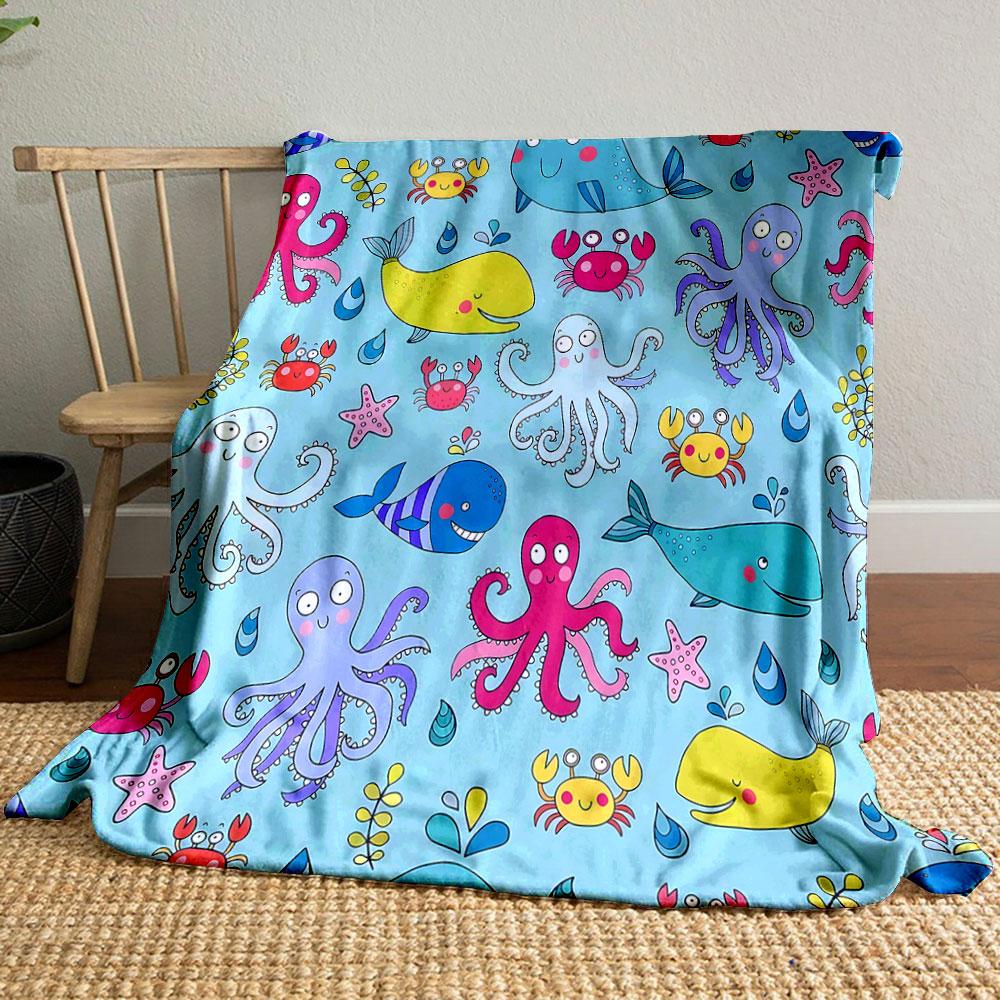 Colorful Cartoon Sea Creatures Pattern Patterned blanket, flannel, suitable for all seasons, home decor, warm and cozy