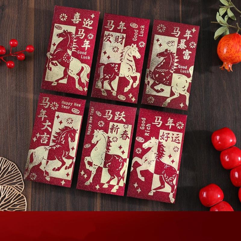 Набор из 6 штук 2026 год Лошади Китайский год Счастливые денежные конверты, Мультяшный красный конверт для Праздника Весны