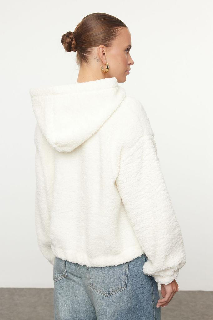 Женская модная стильная толстовка цвета экрю, плюшевая, стандартного кроя, с капюшоном на молнии, толстая вязаная толстовка