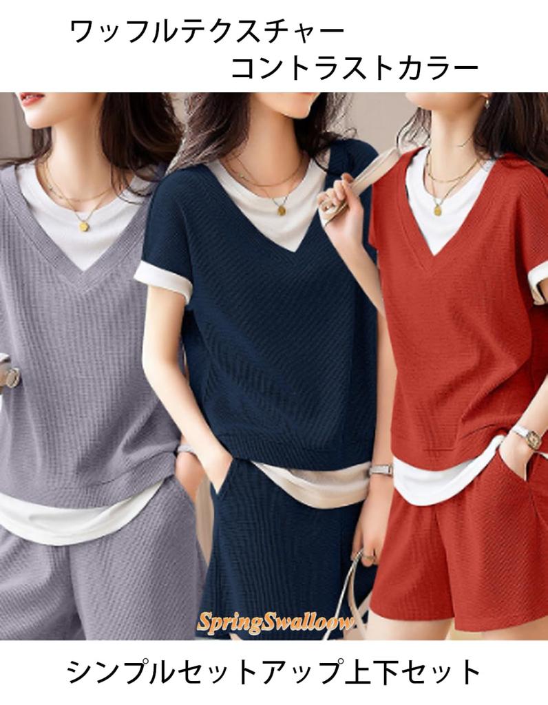 Fashion Casual Shirt Short Sleeve Pants Top and Bottom Set Room Wear Tops Shorts Cute Shorts [SpringSwallow] Women's (Red XL)