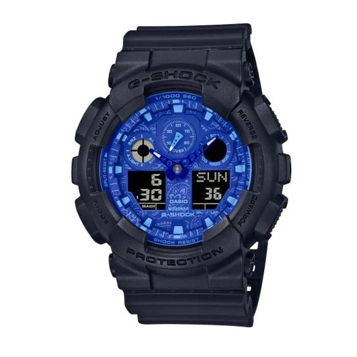 Casio Мужские часы G-Shock серии GA-100, синий узор пейсли, водонепроницаемые, черные, GA-100BP-1A