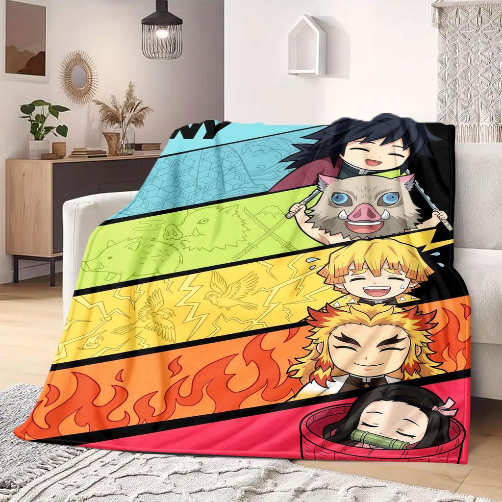 Demon Slayer Iconic Print Flannel Blanket, Anime Cartoon Figures for Bed, Warm Bedroom Decor, Travel Friendly Blanket_LIAN