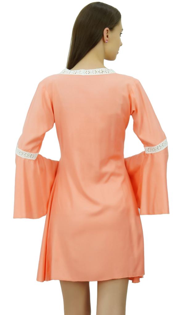 Bimba Women Rayon Short Dress Ruffle Long Sleeve Lace Boho Chic Summer