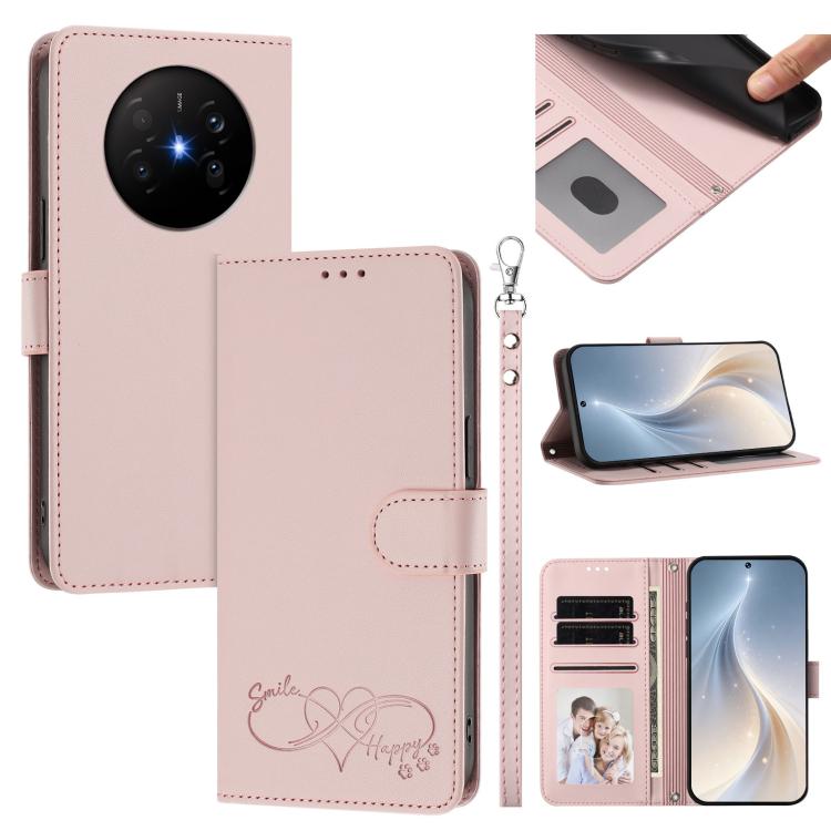 Happy Heart Pattern Magnetic Closure Vegan Leather Phone Case with Wrist Strap For Huawei Mate 60