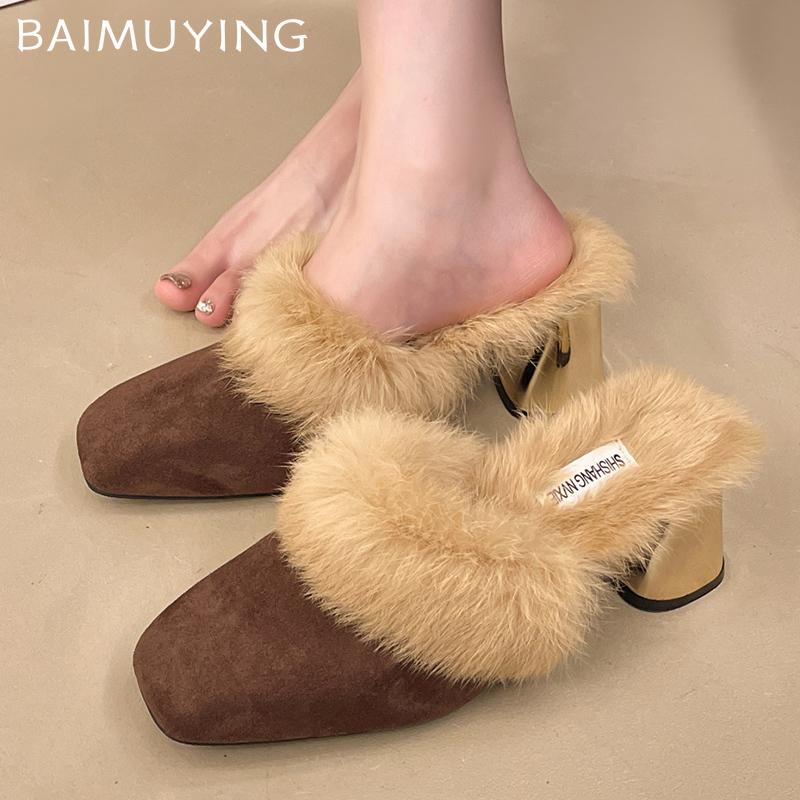 Квадратный носок толстые женские хлопковые тапочки замшевые меховые дизайнерские туфли на высоком каблуке 2025 тренд короткие плюшевые модные туфли-лодочки зимние женские туфли Zapatos