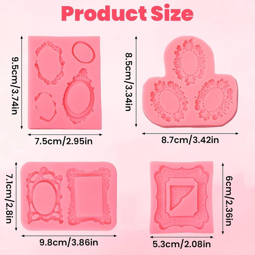 Giantree 4Pcs Frame Fondant Mold, Chocolate Silicone Mold, Baroque Style Candy Picture Frames Polymer Clay Molds, Resin Photo Frame Fondant Mold for