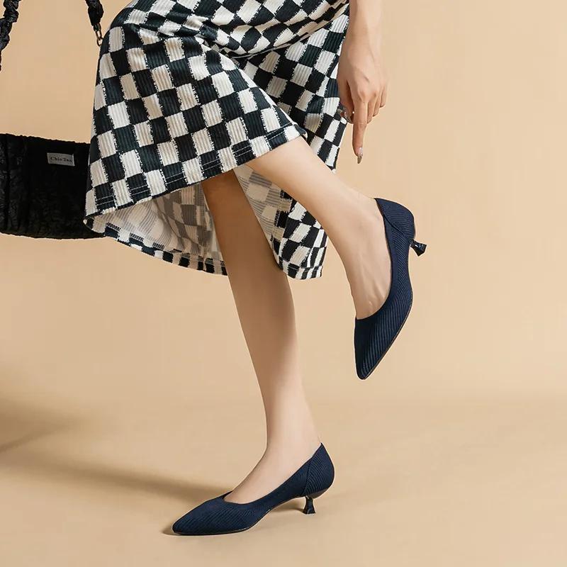 Модные однотонные трикотажные туфли с острым носком, туфли-лодочки на низком каблуке, дышащие мокасины, женские сетчатые туфли с неглубоким носком