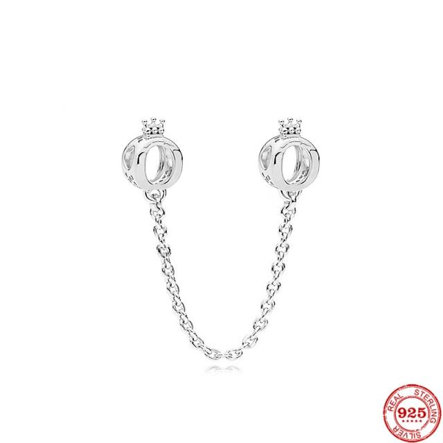 925 Sterling Silver Sparkling Clear Sparkle Flower Safety Chain Charm Bead Fit Original Bracelet Pendant DIY Jewelry