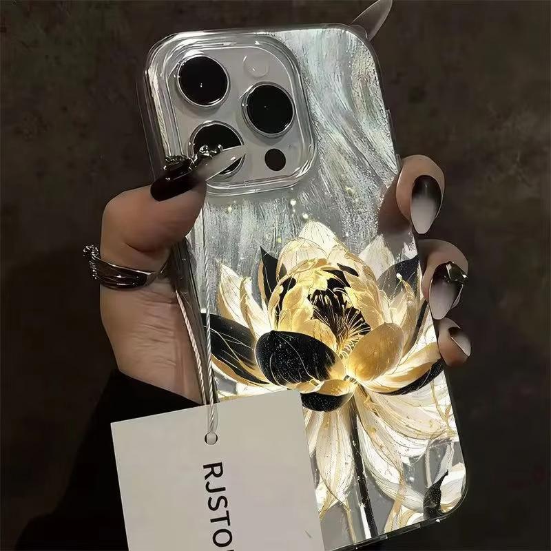 Чехол для телефона с принтом пионов и лотосов для IPhone 16 15 14 13 12 11 Pro Max 15 Pro XS XR 7 8 Plus 16E Ударопрочный посеребренный чехол