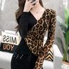 Basic Editions T Shirts Womens Early Fall Fashion Leopard Splicing T-shirt Female Long-sleeved Design Sense Irregular Light Tops Bottoming Shirt