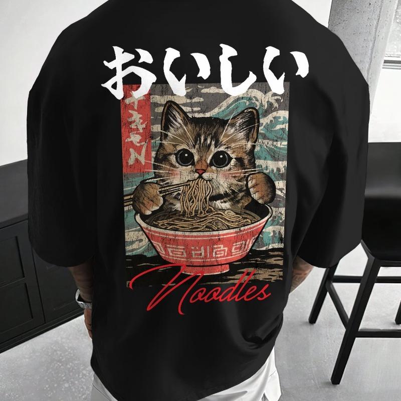 Unisexs Young and Casual Japanese Ukiyoe Noodles with Cat Print Pattern Summer New Unisexs Oversized Tshirt Unisex