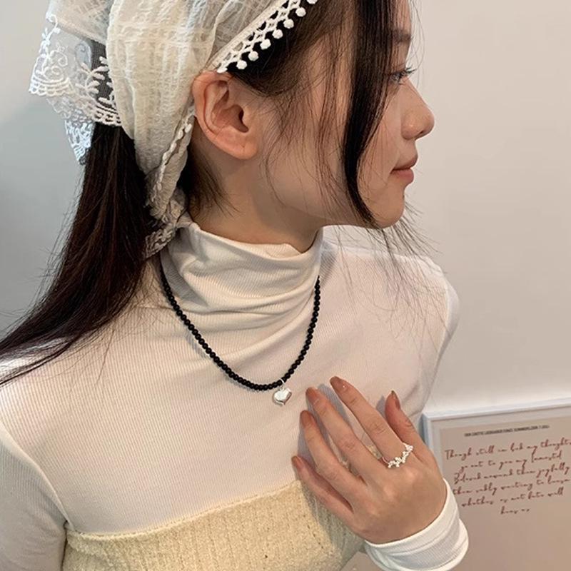 Ретро французское ожерелье с подвеской в виде сердца и бусинами из черного агата для женщин