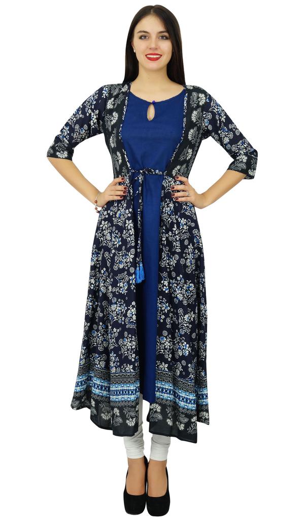 Bimba Womens 2 Piece Designer Flaired Kurta Printed Rayon Kurti Dress