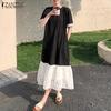 Women Lace Splice Casual Round Neck Short Sleeve Long Dress
