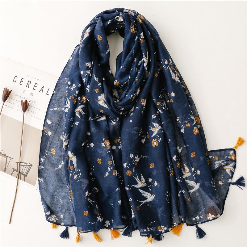 Spring Autumn Fashion Luxury Brand Navy Blue Dot Viscose Shawl Scarf Women High Quality Print Hijabs and Wraps Muslim Sjaal
