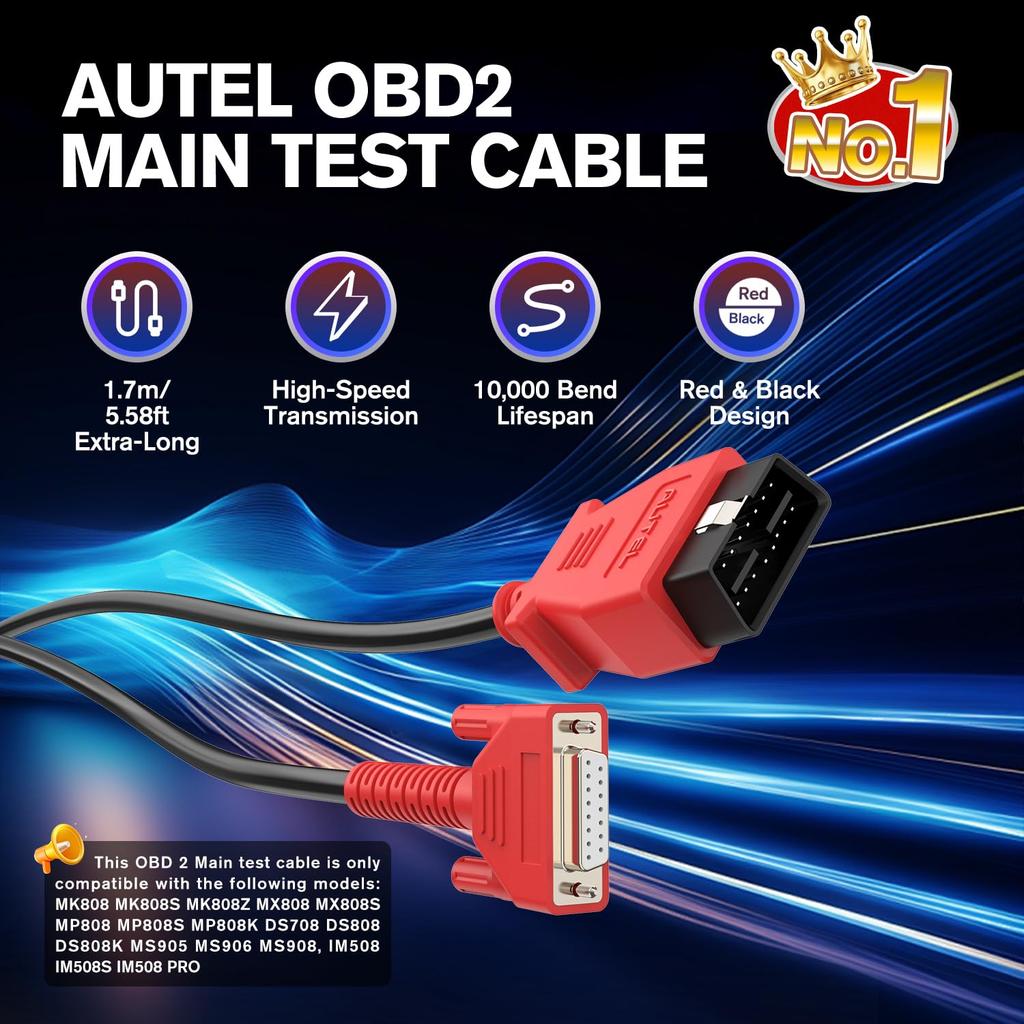 Autel Original OBD2 Main Test Cable, 5.6Ft 1.7M, 16 Pin OBDII Diagnostic Test Cable, Work With Scanner MK808 MK808S MK808Z MX808 MX808S MP808 MP808S