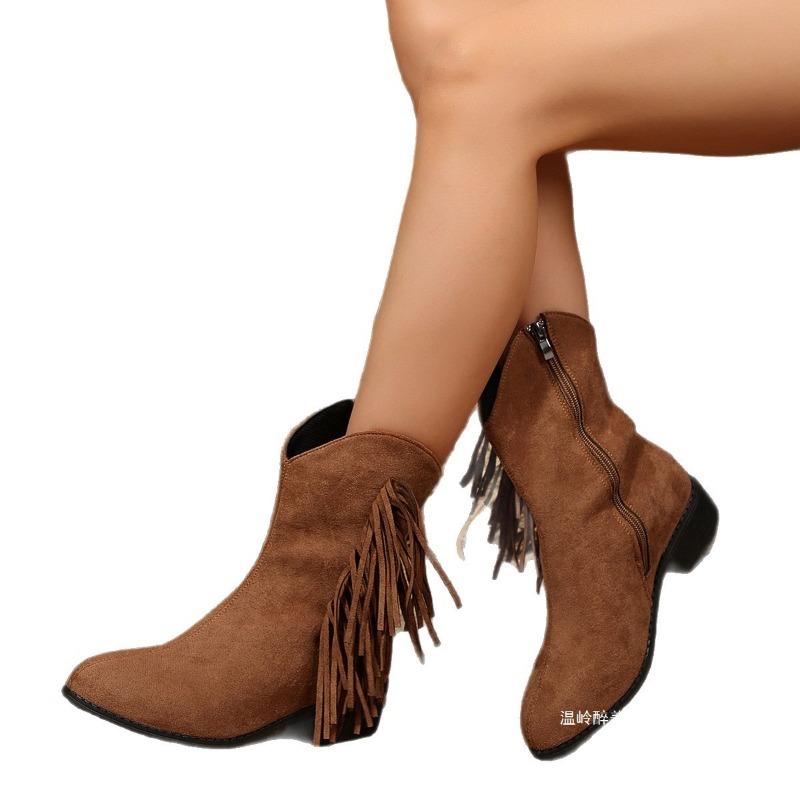 Autumn New Retro Short Suede Low-heeled Martin Boots Women's Cross-border Round Head Thick Heel Side Zipper Fringed Boots