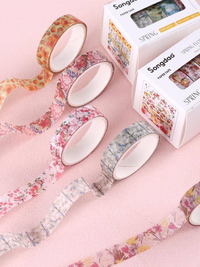 5rolls/Box Spring Flower Washi Tape ,Artistic Accent For Scrapbooking, Back To School, Diy Crafts, School Supplies, Masking Tape
