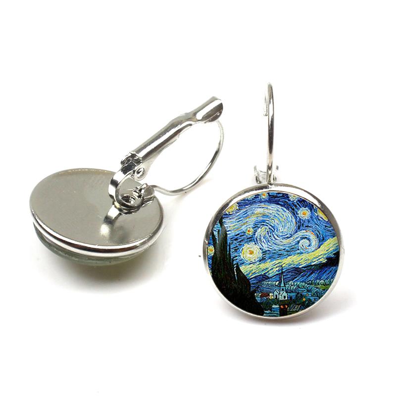 Fashion Flower Printed Famous painting Earring Jewelry Ethnic Big Round Gogh starry night Dangle Earrings Women Wedding Ohrringe