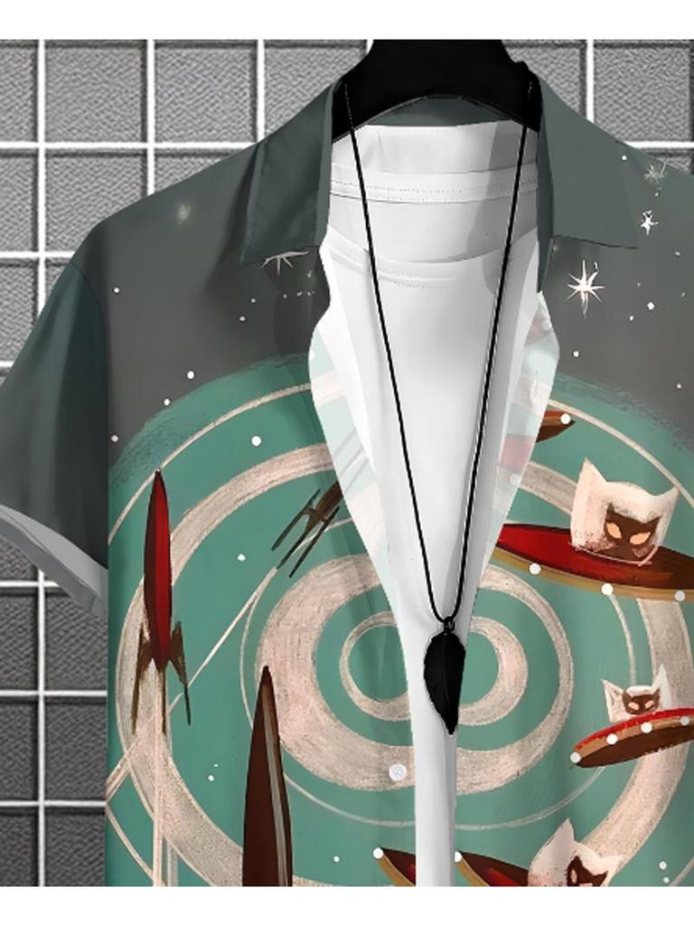 Men's Casual Short - Sleeve Shirt, Cartoon UFO Pattern Printed, Polyester Material, Mixed Color, Multiple Specifications Available, Stylish for Daily