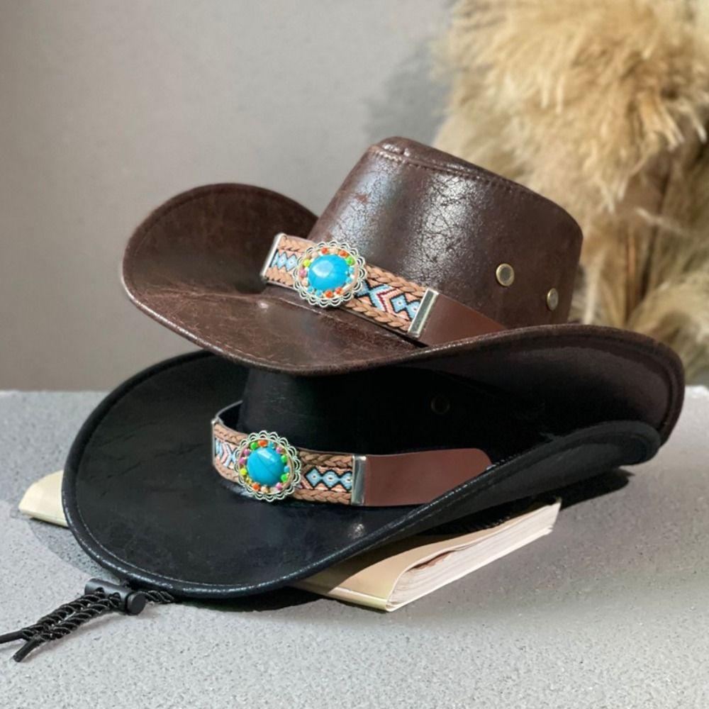 PU Leather Western Cowboy Hat Drawstring Fisherman Hat Elegant Summer Sun Hat Female/Male