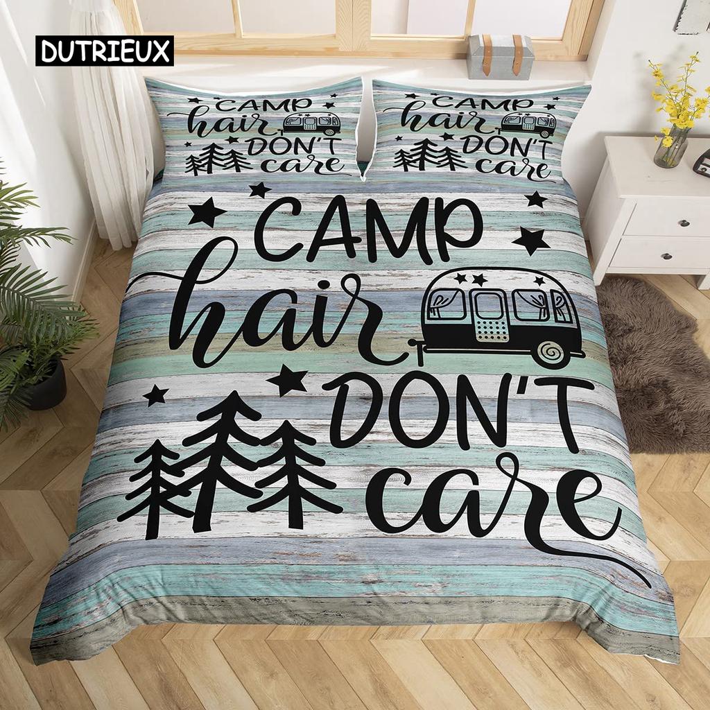 Пододеяльник в деревенском стиле с рисунком в виде эскиза, наволочка из полиэстера с рисунком Happy Camper, наволочка для пододеяльника в стиле старого амбара