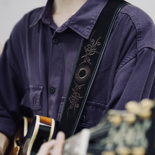 Amumu Guitar Strap, Tribal Embroidered Premium Suede Leather, Black, 2.7" Strap, Adjustable Length 35.4" To 50.4" for Acoustic, Electric, and Bass Gui