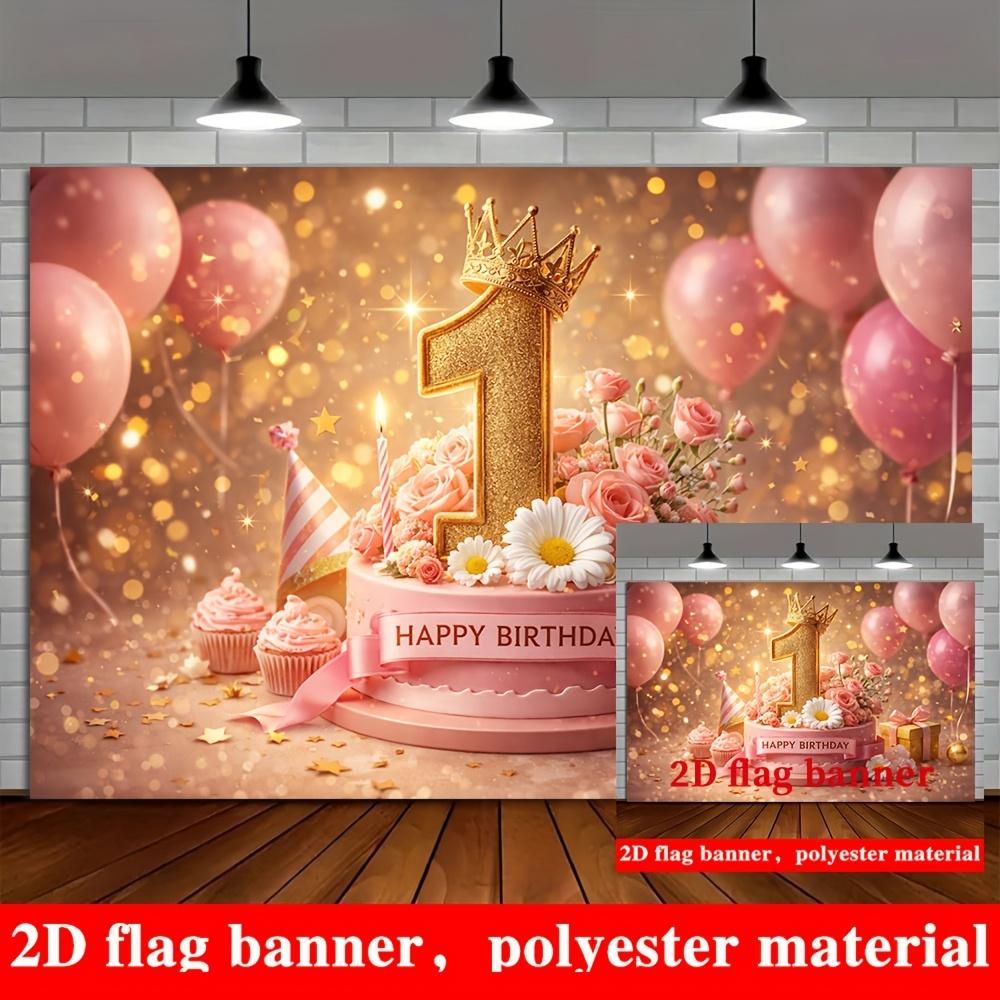 1st Birthday Banner Backdrop Gold Number 1 Crown Pink Balloons Roses Cake
